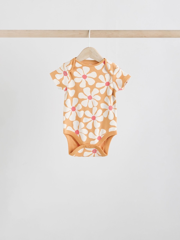 Cream/Brown Baby Short Sleeve 100% Cotton Bodysuits 5 Pack - Image 5 of 12