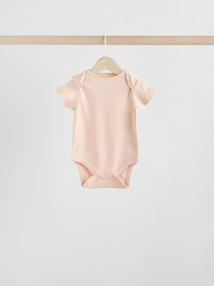 Cream/Brown Baby Short Sleeve 100% Cotton Bodysuits 5 Pack - Image 6 of 12