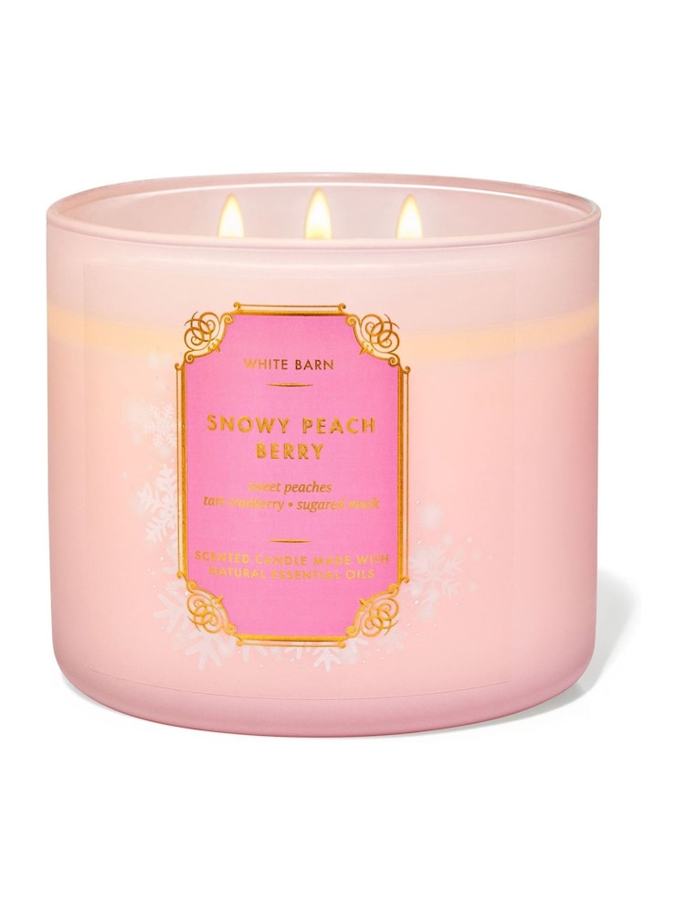 Bath & Body Works Snowy Peach Berry Colored Glass Christmas 3-Wick Candle 14.5 oz / 411 g - Image 1 of 1 Bath & Body Works Snowy Peach Berry Colored Glass Christmas 3-Wick Candle 14.5 oz / 411 g - Image 1 of 1
