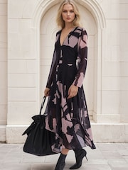 Religion Black Infinity Long Sleeve Midi Dress With Handkerchief Hem In Hand Painted Prints - Image 1 of 7
