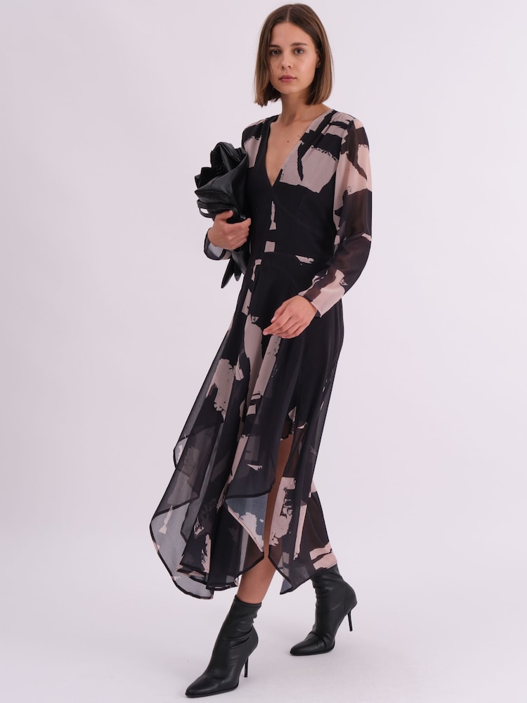 Religion Black Infinity Long Sleeve Midi Dress With Handkerchief Hem In Hand Painted Prints - Image 2 of 7
