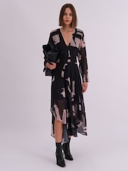 Religion Black Infinity Long Sleeve Midi Dress With Handkerchief Hem In Hand Painted Prints - Image 3 of 7