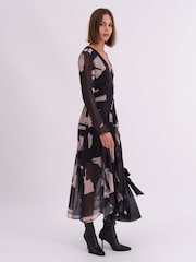 Religion Black Infinity Long Sleeve Midi Dress With Handkerchief Hem In Hand Painted Prints - Image 5 of 7