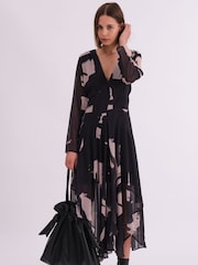 Religion Black Infinity Long Sleeve Midi Dress With Handkerchief Hem In Hand Painted Prints - Image 6 of 7