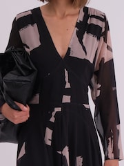 Religion Black Infinity Long Sleeve Midi Dress With Handkerchief Hem In Hand Painted Prints - Image 7 of 7