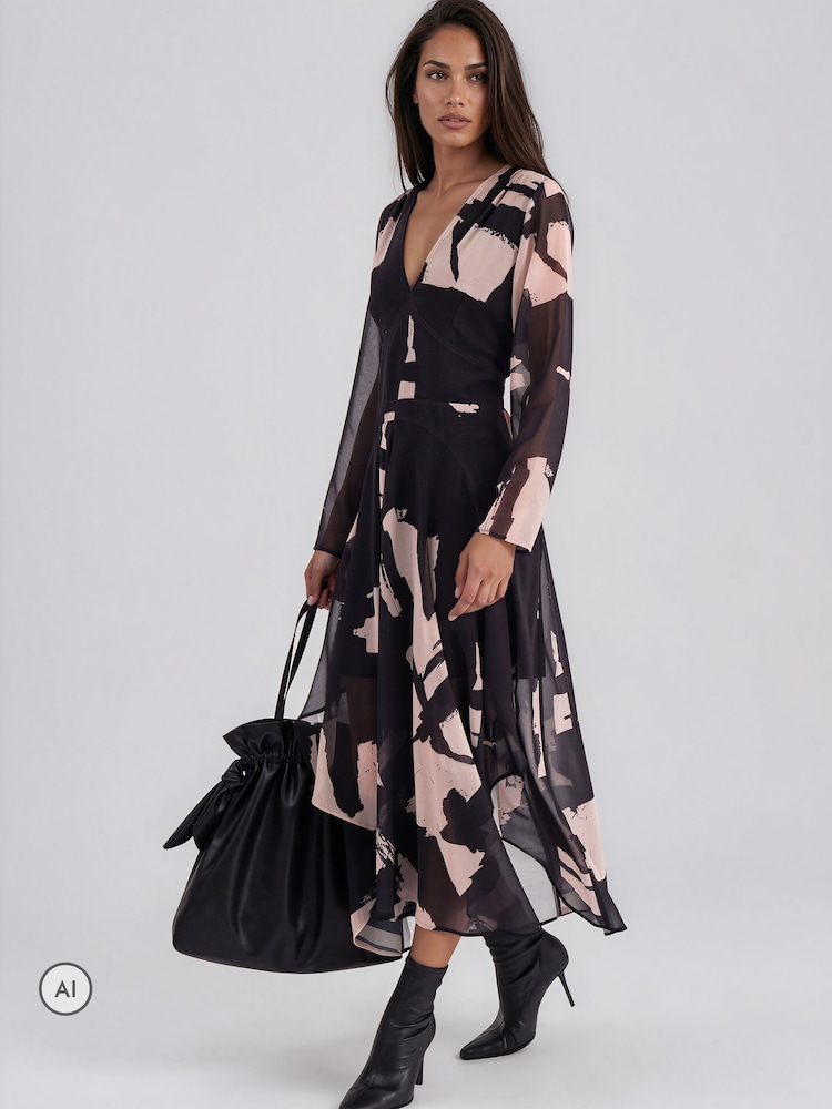 Religion Black Infinity Long Sleeve Midi Dress With Handkerchief Hem In Hand Painted Prints - Image 8 of 8 Religion Black Infinity Long Sleeve Midi Dress With Handkerchief Hem In Hand Painted Prints - Image 8 of 8
