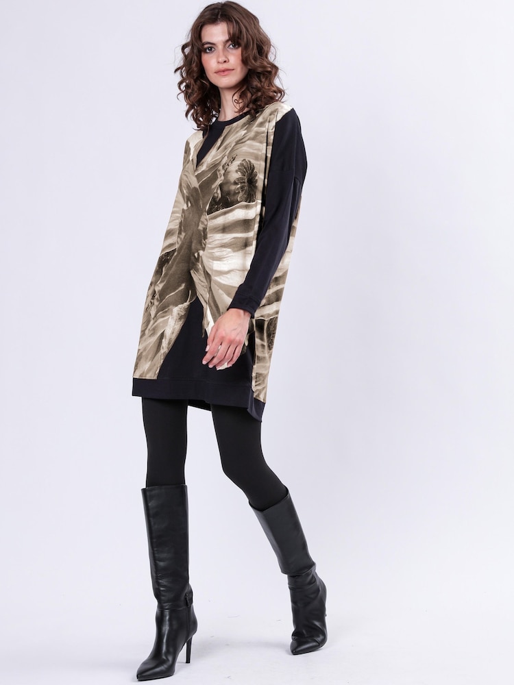 Religion Black Charm Tunic Dress In Soft 100% Cotton With Floral Placement Print - Image 1 of 6