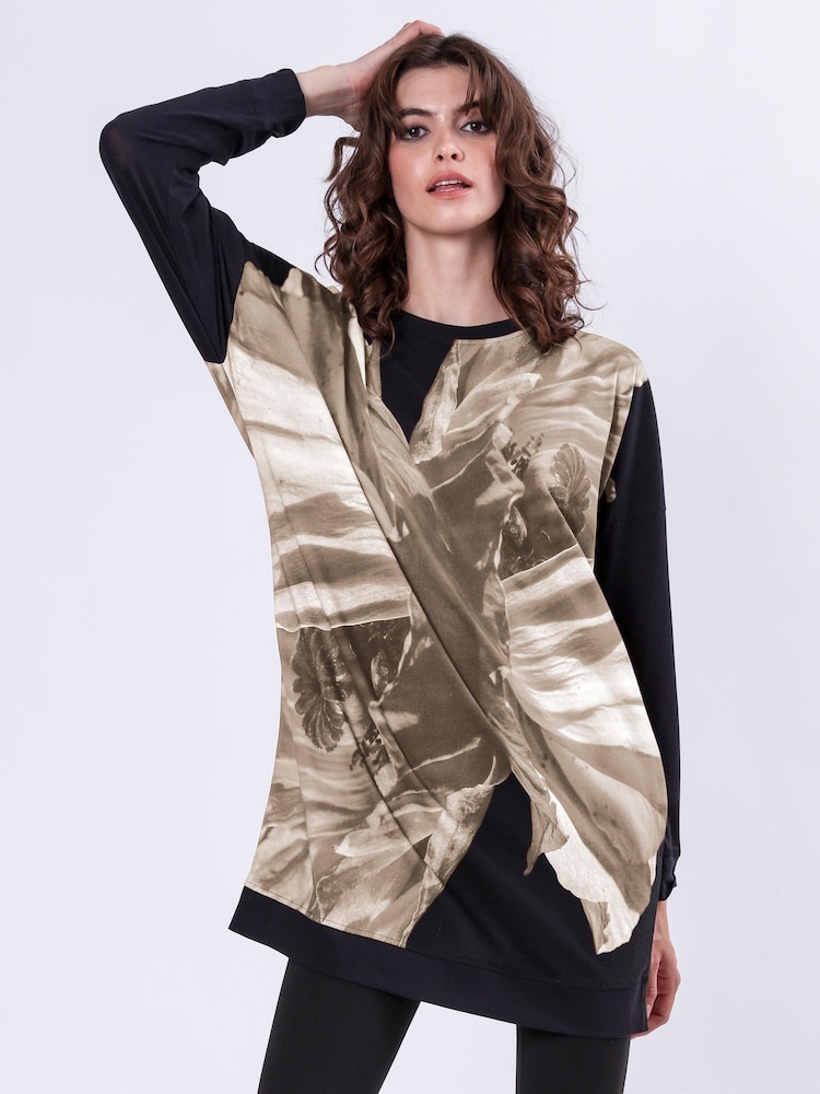 Religion Black Charm Tunic Dress In Soft 100% Cotton With Floral Placement Print - Image 2 of 6