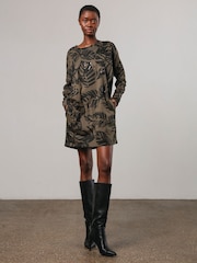 Religion Green Batwing Sleeve Jersey Tunic 100% Cotton Dress With Leaf Motif And Beaded Embroidery - Image 1 of 6