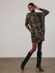 Religion Green Batwing Sleeve Jersey Tunic 100% Cotton Dress With Leaf Motif And Beaded Embroidery - Image 2 of 6