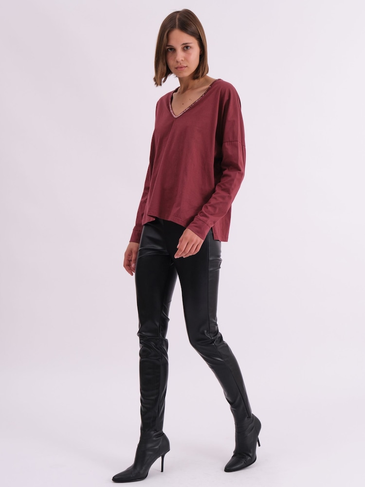 Religion Red Long Sleeve Deep V-Neck Jersey Top With Heavy Beaded Tonal Neck Line - Image 1 of 5