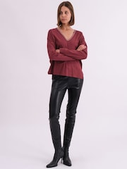 Religion Red Long Sleeve Deep V-Neck Jersey Top With Heavy Beaded Tonal Neck Line - Image 2 of 5