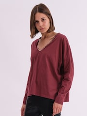 Religion Red Long Sleeve Deep V-Neck Jersey Top With Heavy Beaded Tonal Neck Line - Image 3 of 5