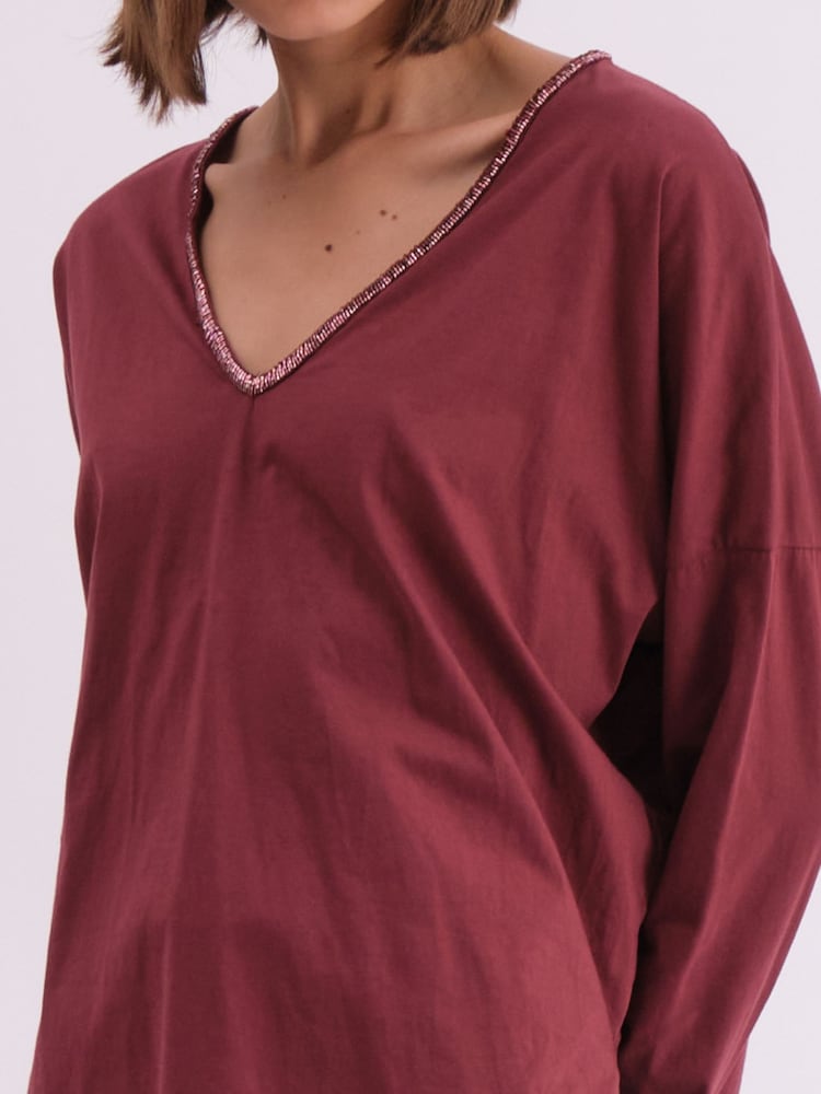Religion Red Long Sleeve Deep V-Neck Jersey Top With Heavy Beaded Tonal Neck Line - Image 5 of 5