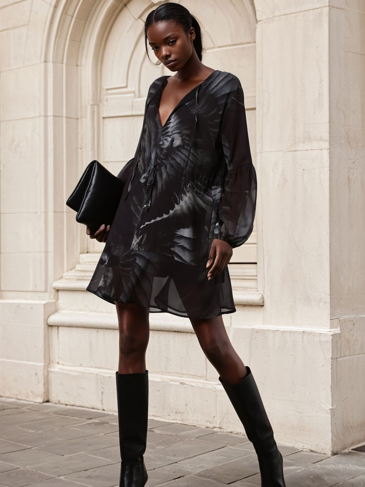 Religion Green Infinity Mini Tunic Dress With Cuffed Sleeves In Hand Painted Prints - Image 1 of 7