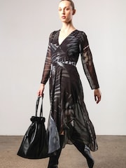 Religion Green Infinity Long Sleeve Midi Dress With Handkerchief Hem In Hand Painted Prints - Image 2 of 6