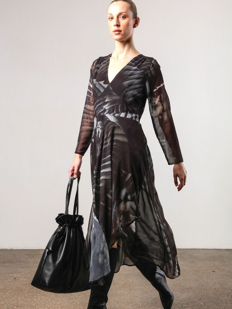 Religion Green Infinity Long Sleeve Midi Dress With Handkerchief Hem In Hand Painted Prints - Image 2 of 6