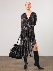Religion Green Infinity Long Sleeve Midi Dress With Handkerchief Hem In Hand Painted Prints - Image 3 of 6
