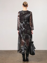 Religion Green Infinity Long Sleeve Midi Dress With Handkerchief Hem In Hand Painted Prints - Image 4 of 6