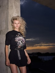 Religion Black Oversized Tunic Jersey 100% Cotton Dress With Skull And Floral Graphic And Hand Beading - Image 1 of 6