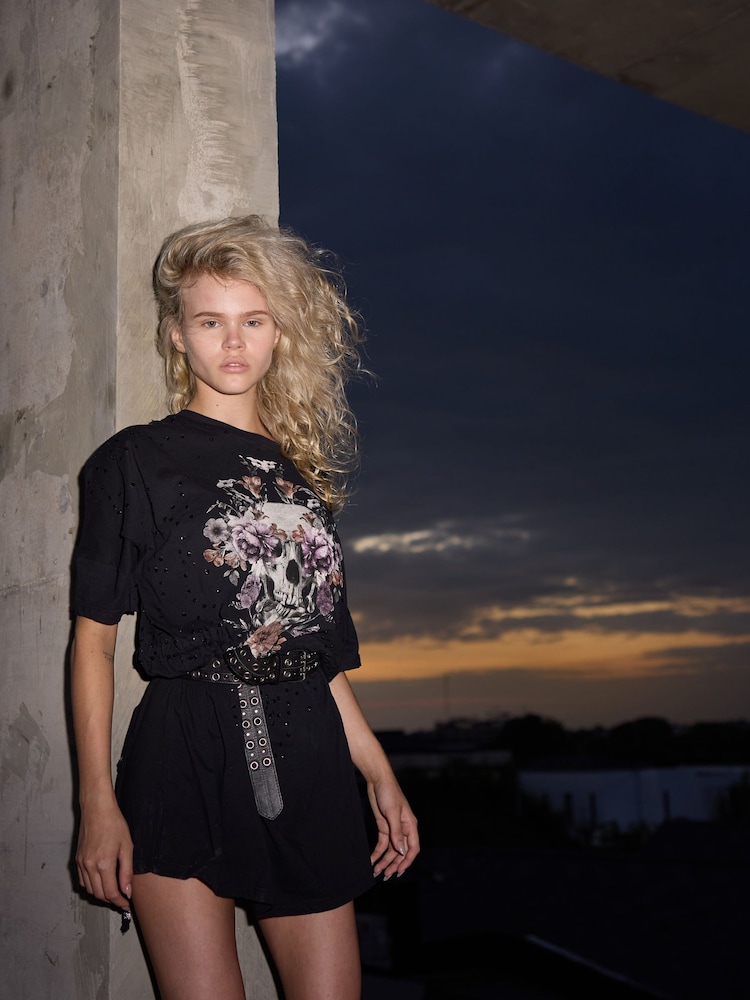 Religion Black Oversized Tunic Jersey 100% Cotton Dress With Skull And Floral Graphic And Hand Beading - Image 1 of 6