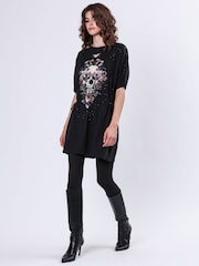 Religion Black Oversized Tunic Jersey 100% Cotton Dress With Skull And Floral Graphic And Hand Beading - Image 4 of 6