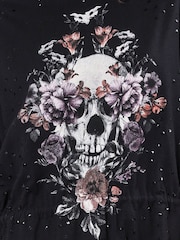 Religion Black Oversized Tunic Jersey 100% Cotton Dress With Skull And Floral Graphic And Hand Beading - Image 6 of 6