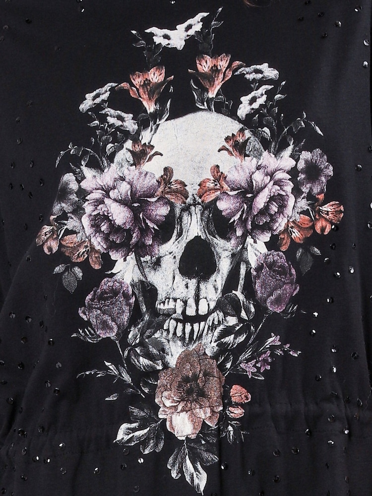 Religion Black Oversized Tunic Jersey 100% Cotton Dress With Skull And Floral Graphic And Hand Beading - Image 6 of 6