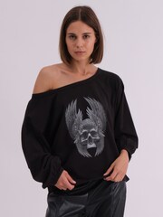 Religion Black Oversized Batwing 100% Cotton T-Shirt With Wings Skull Graphic In White - Image 2 of 6