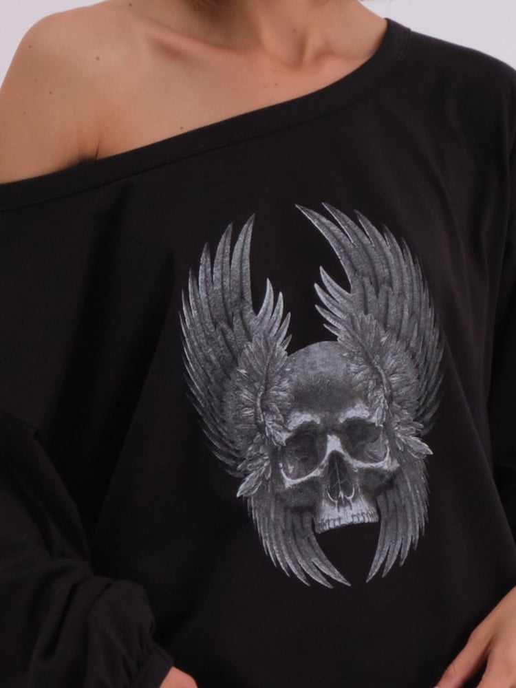 Religion Black Oversized Batwing 100% Cotton T-Shirt With Wings Skull Graphic In White - Image 6 of 6