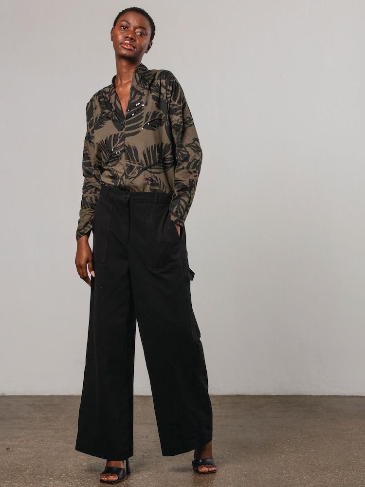 Religion Green Batwing Sleeve V-Neck Blouse With Leaf Motif and Beaded Embroidery - Image 1 of 6
