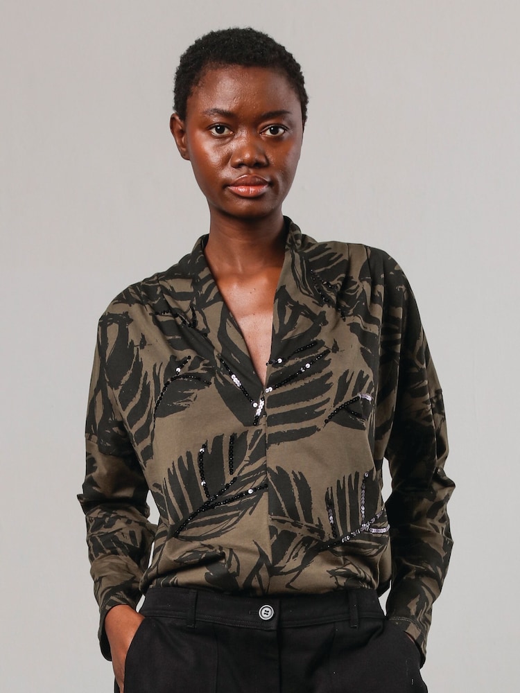 Religion Green Batwing Sleeve V-Neck Blouse With Leaf Motif and Beaded Embroidery - Image 2 of 6