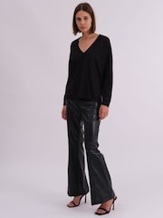 Religion Black Long Sleeve Deep V-Neck Jersey Top With Heavy Beaded Tonal Neck Line - Image 1 of 6