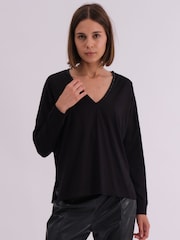 Religion Black Long Sleeve Deep V-Neck Jersey Top With Heavy Beaded Tonal Neck Line - Image 2 of 6