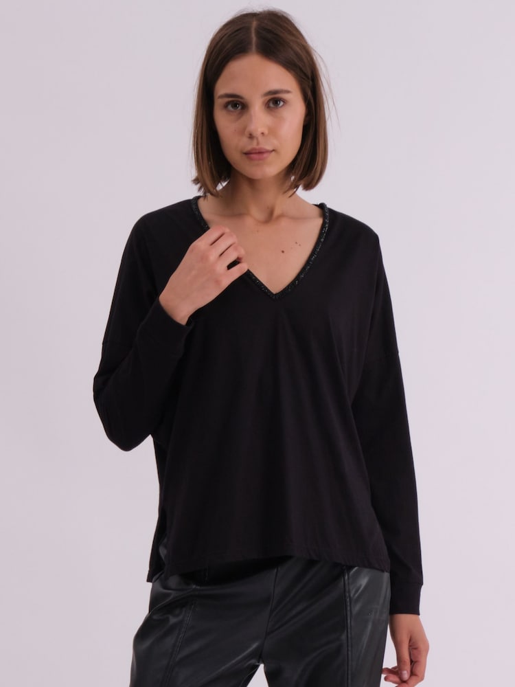 Schwarz - Religion langärmliges Jersey-Oberteil mit tiefem V-Ausschnitt und farblich abgestimmtem Ausschnitt mit vielen Perlen - Bild 2 von 6 Schwarz - Religion langärmliges Jersey-Oberteil mit tiefem V-Ausschnitt und farblich abgestimmtem Ausschnitt mit vielen Perlen - Bild 2 von 6