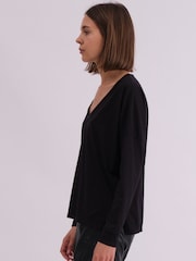 Religion Black Long Sleeve Deep V-Neck Jersey Top With Heavy Beaded Tonal Neck Line - Image 3 of 6