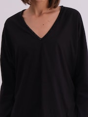 Religion Black Long Sleeve Deep V-Neck Jersey Top With Heavy Beaded Tonal Neck Line - Image 5 of 6