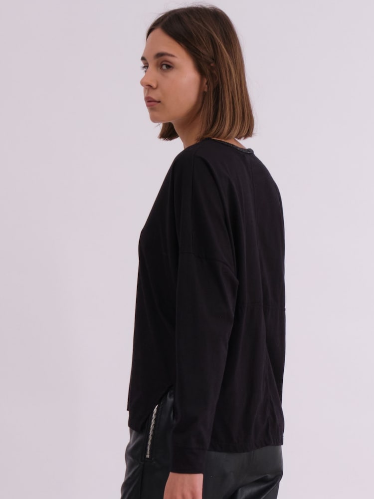 Religion Black Long Sleeve Deep V-Neck Jersey Top With Heavy Beaded Tonal Neck Line - Image 6 of 6