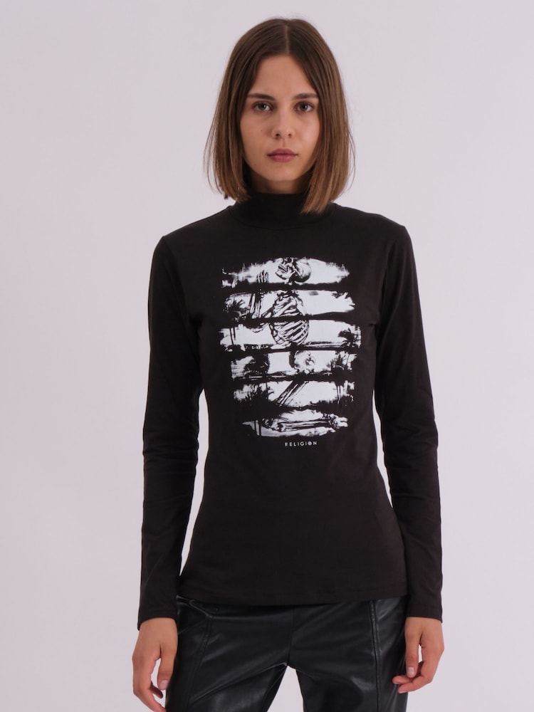 Religion Black Edge Roll Neck Top With Large Logo Praying Skelleton Print - Image 1 of 6 Religion Black Edge Roll Neck Top With Large Logo Praying Skelleton Print - Image 1 of 6