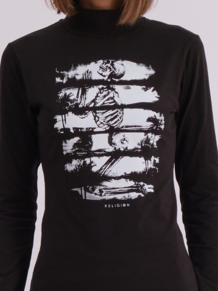 Religion Black Edge Roll Neck Top With Large Logo Praying Skelleton Print - Image 6 of 6