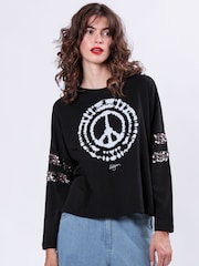 Religion Black Long Sleeve Diamond 100% Cotton Top with Sequin Trim and Peace Graphic - Image 2 of 6