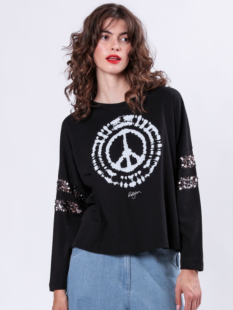Religion Black Long Sleeve Diamond 100% Cotton Top with Sequin Trim and Peace Graphic - Image 2 of 6