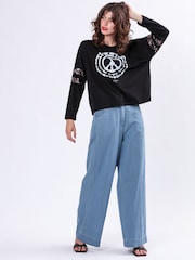Religion Black Long Sleeve Diamond 100% Cotton Top with Sequin Trim and Peace Graphic - Image 3 of 6