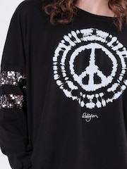 Religion Black Long Sleeve Diamond 100% Cotton Top with Sequin Trim and Peace Graphic - Image 6 of 6