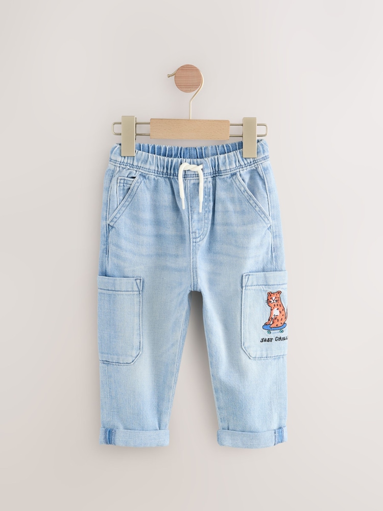 Light Blue Tiger 100% Cotton Cargo Jeans (3mths-7yrs) - Image 1 of 4