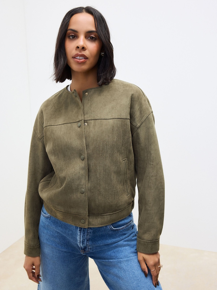 Khaki Green Suedette Bomber Jacket - Image 1 of 6