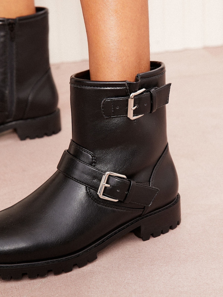 Friends Like These Black Flat Buckle Detail Chunky Faux Leather Biker Boots - Image 2 of 5
