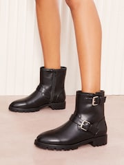 Friends Like These Black Flat Buckle Detail Chunky Faux Leather Biker Boots - Image 4 of 5