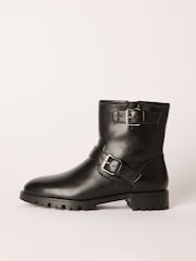 Friends Like These Black Flat Buckle Detail Chunky Faux Leather Biker Boots - Image 5 of 5