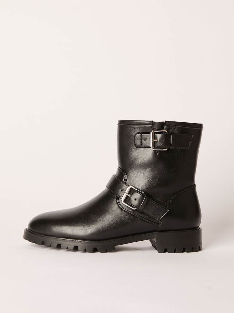 Friends Like These Black Flat Buckle Detail Chunky Faux Leather Biker Boots - Image 5 of 5